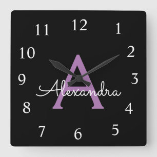 Purple Black Script Girly Monogram Name Square Wall Clock