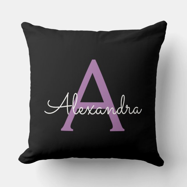 Purple Black Script Girly Monogram Name Throw Pillow (Front)