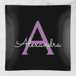 Purple Black Script Girly Monogram Name Trinket Tray