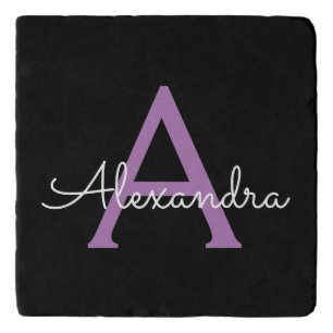 Purple Black Script Girly Monogram Name Trivet