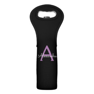 Purple Black Script Girly Monogram Name Wine Bag