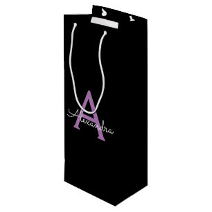 Purple Black Script Girly Monogram Name Wine Gift Bag
