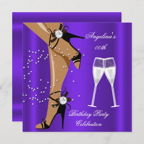 Purple Black Shoes Champagne Glass Birthday Party Invitation