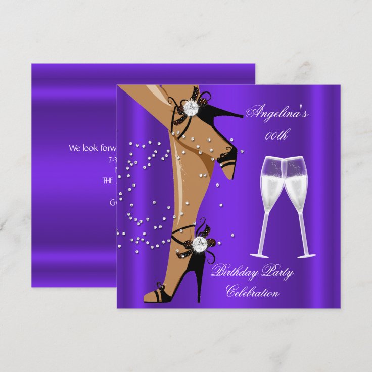 Purple Black Shoes Champagne Glass Birthday Party Invitation Zazzle
