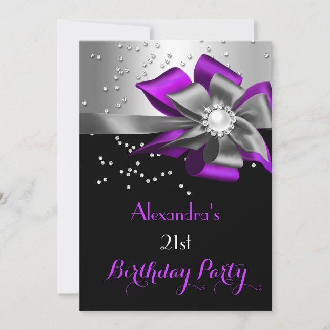 Purple Black Silver Bow Pearl Birthday Party Invitation (Front)