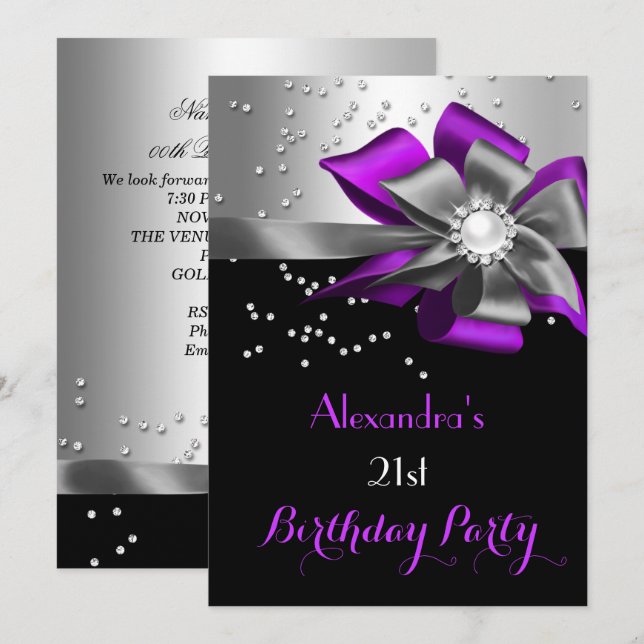 Purple Black Silver Bow Pearl Birthday Party Invitation (Front/Back)