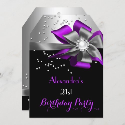 Purple Black Silver Bow Pearl Birthday Party Invitation