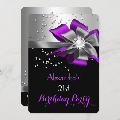 Purple Black Silver Bow Pearl Birthday Party Invitation