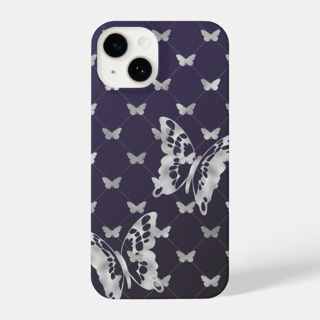 Purple Black Silver Butterflies iPhone 14 Cases (Back)