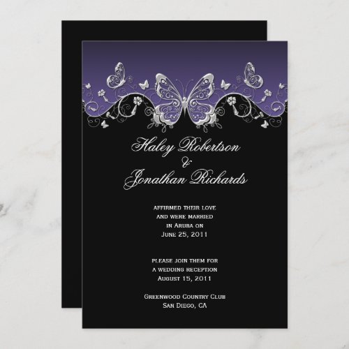 Purple Black Silver Butterflies Post Wedding Invitation