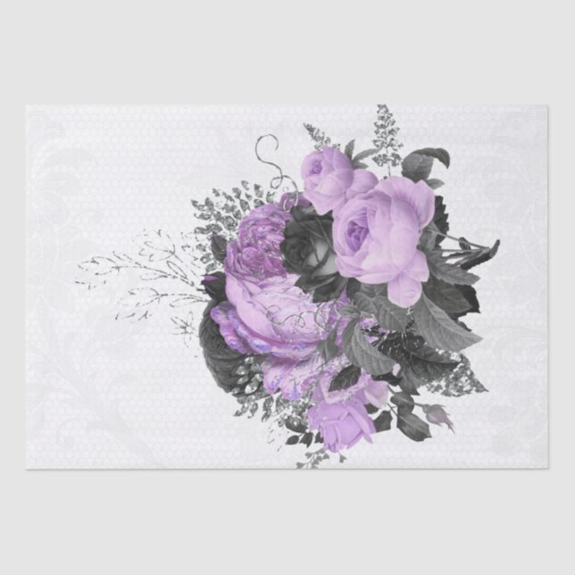 Purple-Black Silver Floral Lace Bouquet Decoupage Tissue Paper (Front)