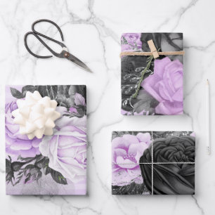 PURPLE BLACK SILVER FLOWERS & PATTERNS WRAPPING PAPER SHEETS