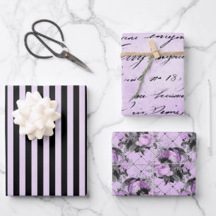 PURPLE BLACK SILVER FLOWERS & PATTERNS WRAPPING PAPER SHEETS