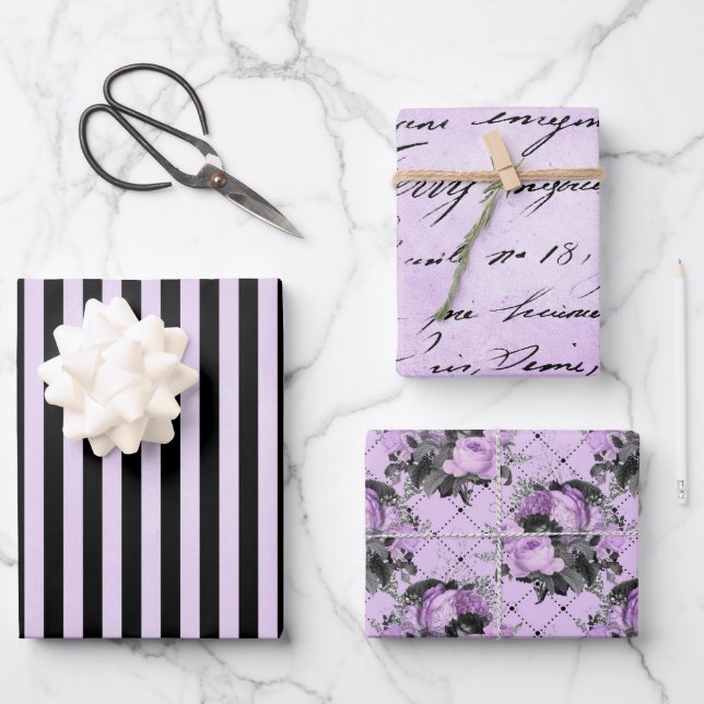 PURPLE BLACK SILVER FLOWERS & PATTERNS WRAPPING PAPER SHEETS (Front)