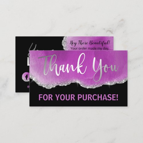 Purple Black Silver Foil Glitter Agate Thank You Business Card