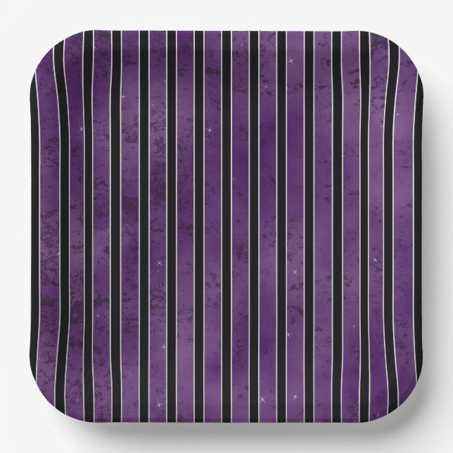 PURPLE BLACK SILVER HALLOWEEN STRIPES PAPER PLATES (Front)