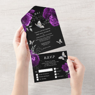 Purple black silver rose elegant butterfly glam all in one invitation
