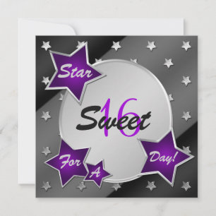 Purple, Black, Silver Stars Sweet 16 Invitation