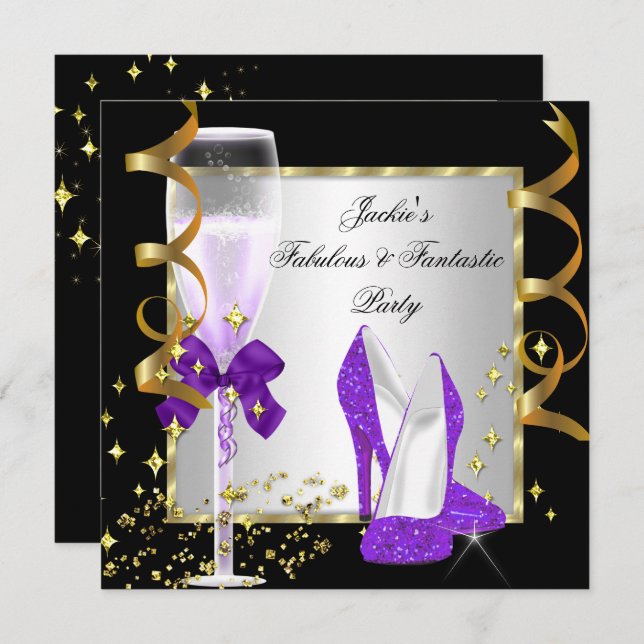 Purple Black Silver Women's Birthday Party Invitation (Front/Back)