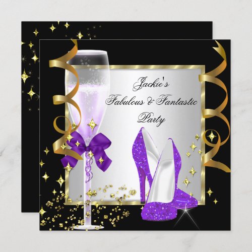 Purple Black Silver Womens Birthday Party Invitation