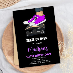 Purple Black Skateboards Birthday Invitations