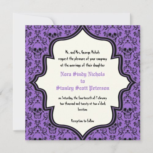 Skulls damask purple black Halloween wedding Custom Announcements