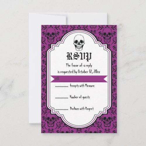 Purple black skulls damask Halloween wedding RSVP