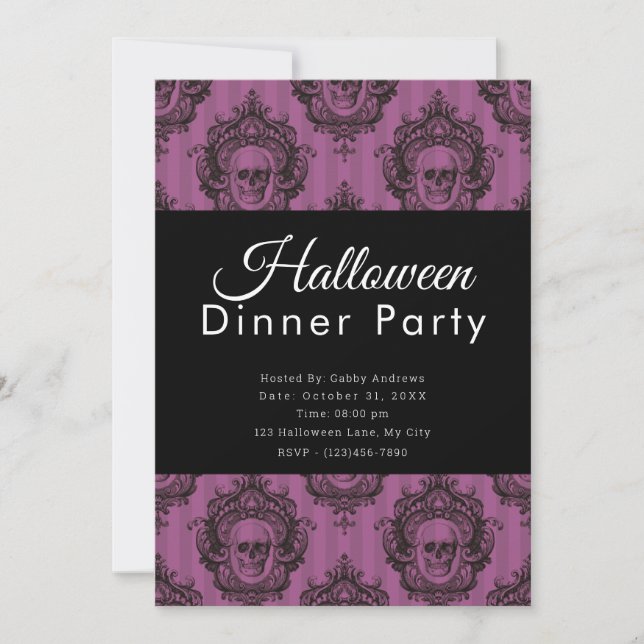 Purple & Black Skulls Halloween Dinner Party Invitation (Front)