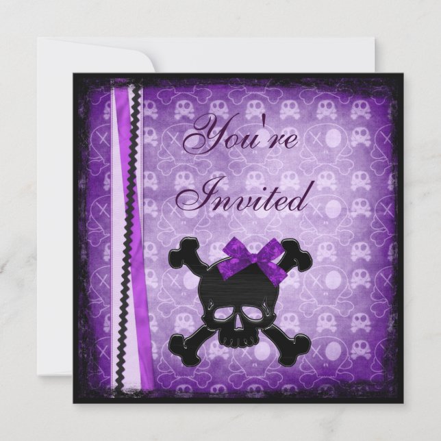 Purple & Black Skulls Ribbon & Glitter Invites (Front)