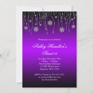Purple Black Snowflakes Sweet 16 Winter Wonderland Invitation