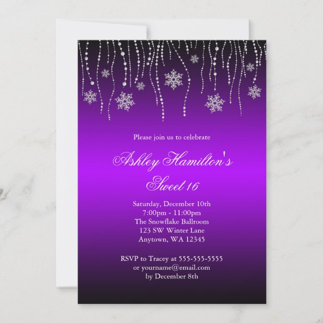 Purple Black Snowflakes Sweet 16 Winter Wonderland Invitation (Front)