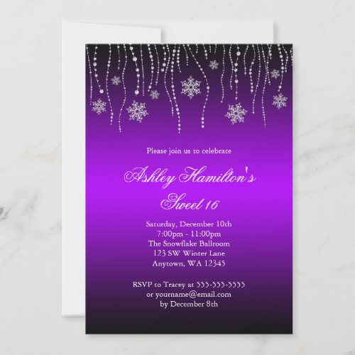 Purple Black Snowflakes Sweet 16 Winter Wonderland Invites