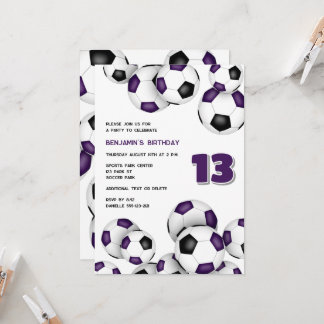 purple black soccer balls boys girls birthday invitation