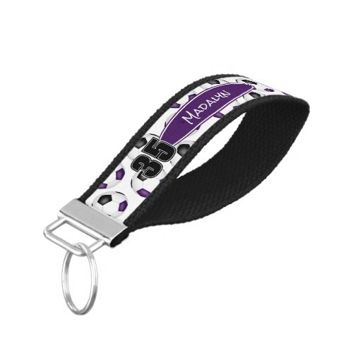 purple black soccer balls pattern athlete name wrist keychain