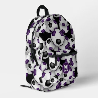 purple black soccer balls pattern monogrammed printed backpack