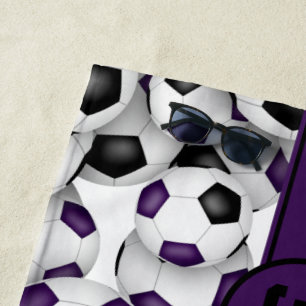 Purple black soccer balls pattern team spirit beach towel