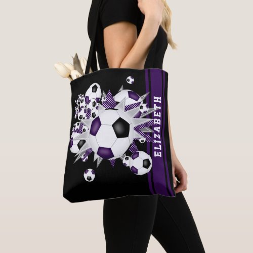 Purple black soccer balls stars athlete fan name tote bag