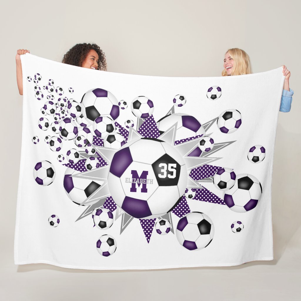 purple black soccer balls stars girls name blanket