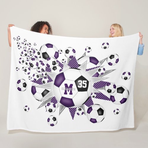 purple black soccer balls stars girls name fleece blanket