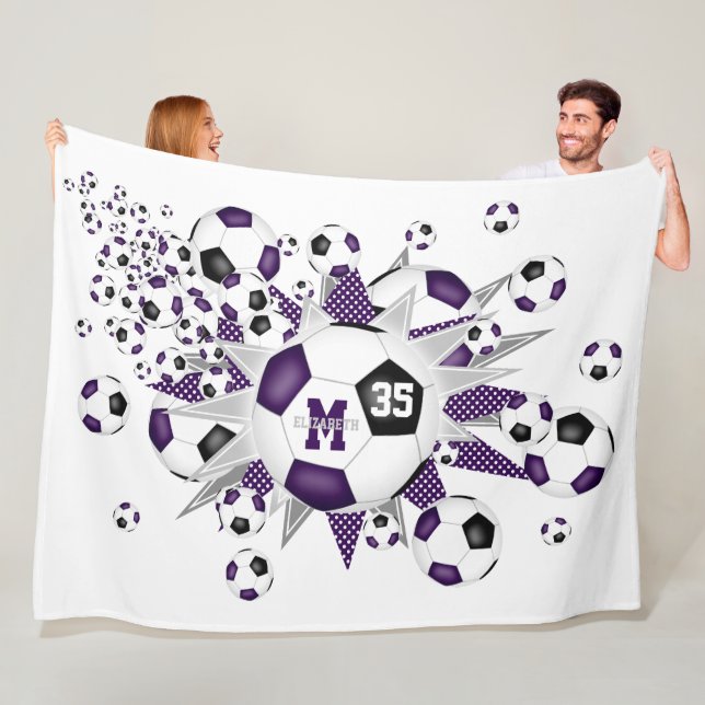 purple black soccer balls stars girls name fleece blanket (In Situ)