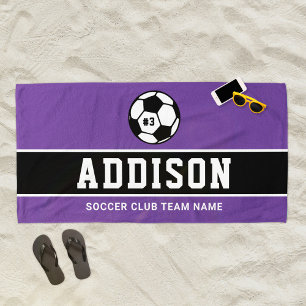 Purple Black Soccer Player Custom Name Beach Towel