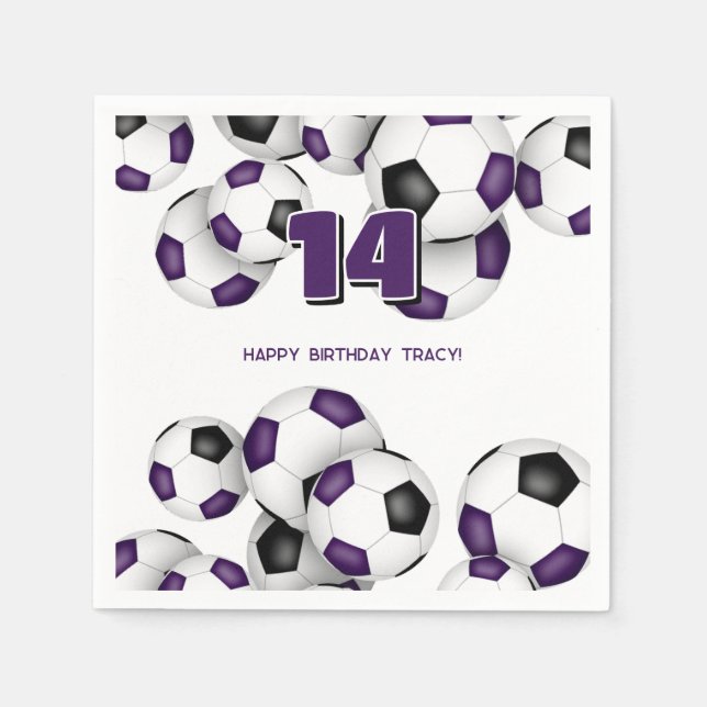 purple black soccer team colors birthday party napkins (Front)