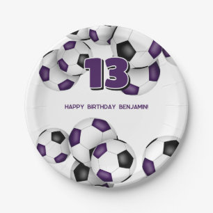 purple black soccer team colors birthday party paper plates