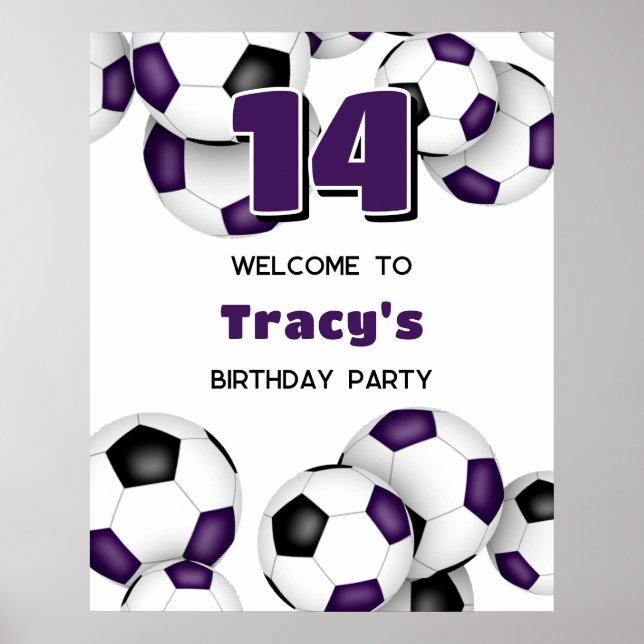 purple black soccer team colors birthday party poster (Front)