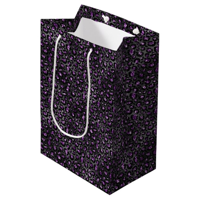 Purple Black Sparkle Leopard Print Medium Gift Bag (Front Angled)