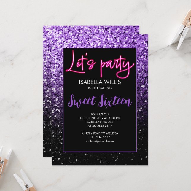 Purple black sparkles Sweet 16 neon lets party  Invitation (Front/Back In Situ)