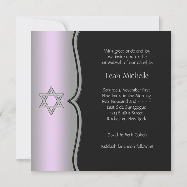 Purple Black Star of David Bat Mitzvah Invitation (Front)