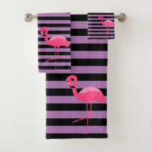PURPLE BLACK STRIPE FLAMINGO BATHROOM TOWEL SET