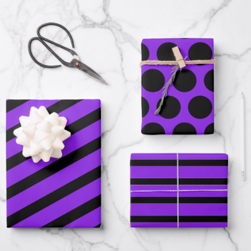 Purple Black Striped Polka Dot Halloween Wrapping Paper Sheets