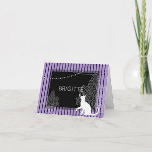 Purple & black stripes, and white cat holiday card